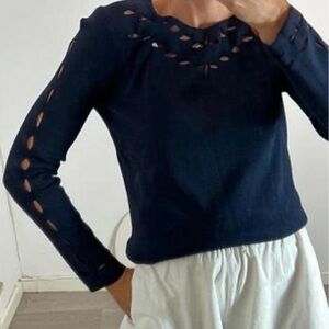 Maje Navy Long Sleeve Top with Cut-Out Details